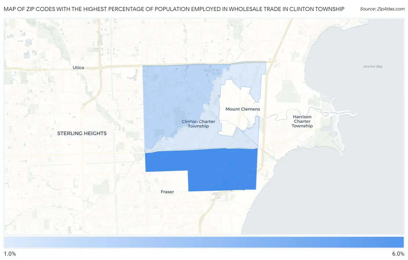 Zip Codes with the Highest Percentage of Population Employed in Wholesale Trade in Clinton Township Map