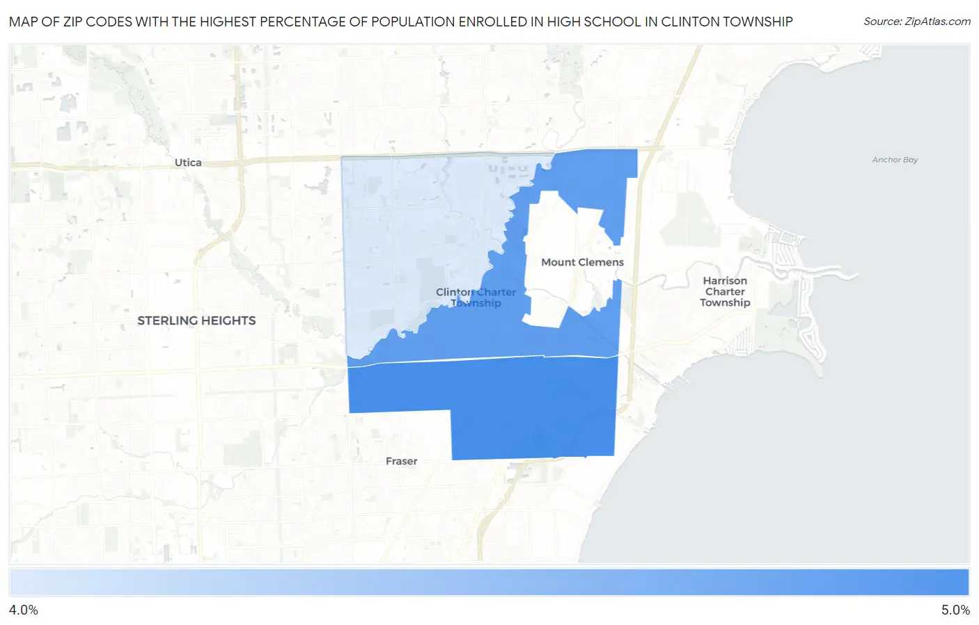 Zip Codes with the Highest Percentage of Population Enrolled in High School in Clinton Township Map