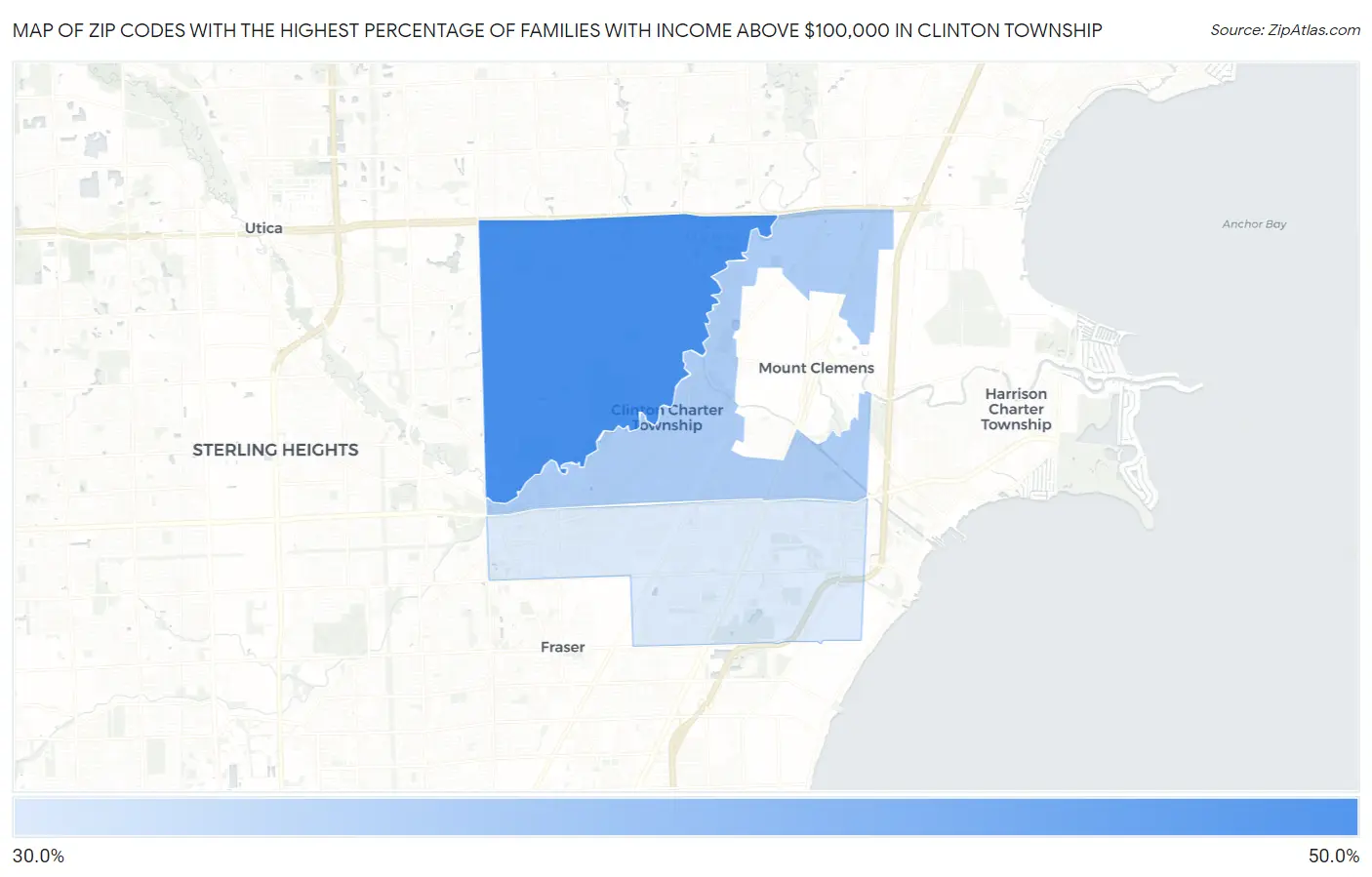 Zip Codes with the Highest Percentage of Families with Income Above $100,000 in Clinton Township Map