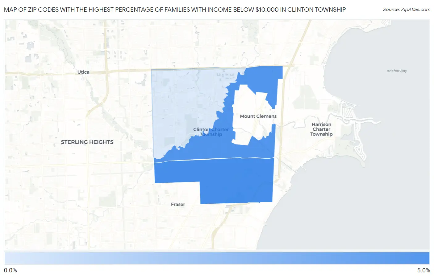Zip Codes with the Highest Percentage of Families with Income Below $10,000 in Clinton Township Map