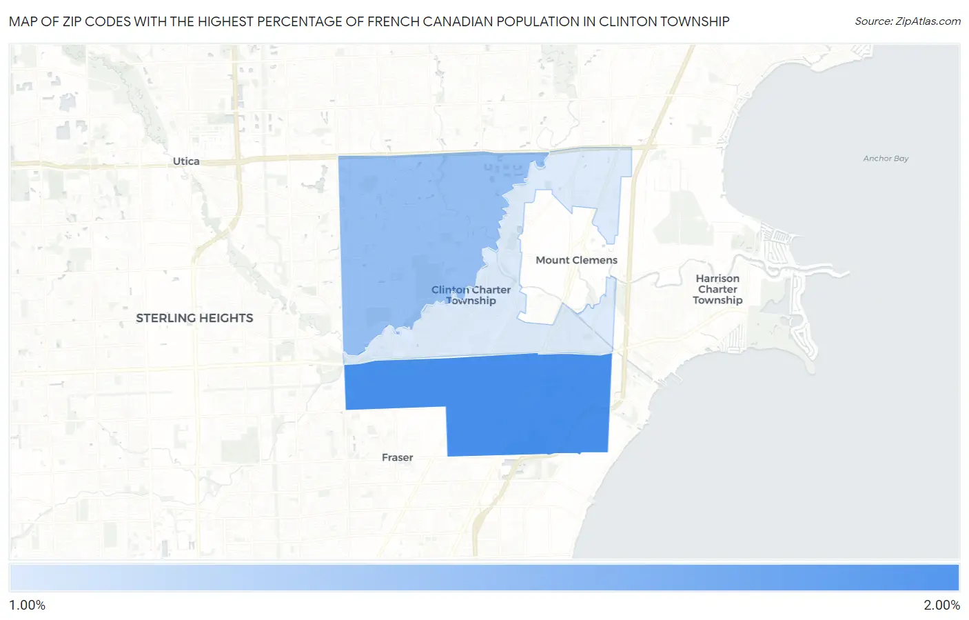 Zip Codes with the Highest Percentage of French Canadian Population in Clinton Township Map