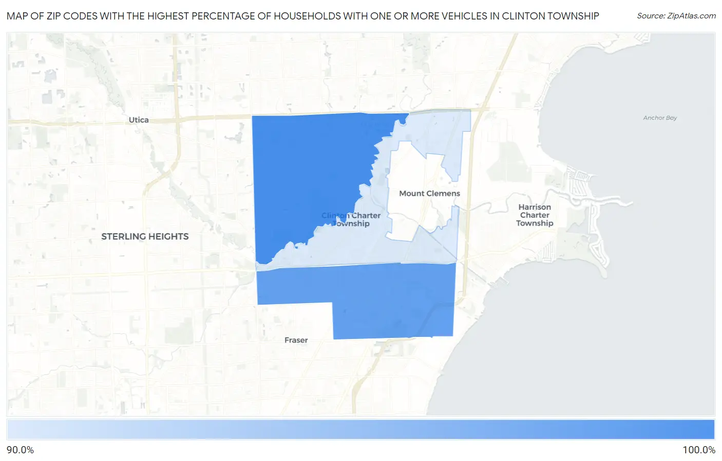 Zip Codes with the Highest Percentage of Households With One or more Vehicles in Clinton Township Map