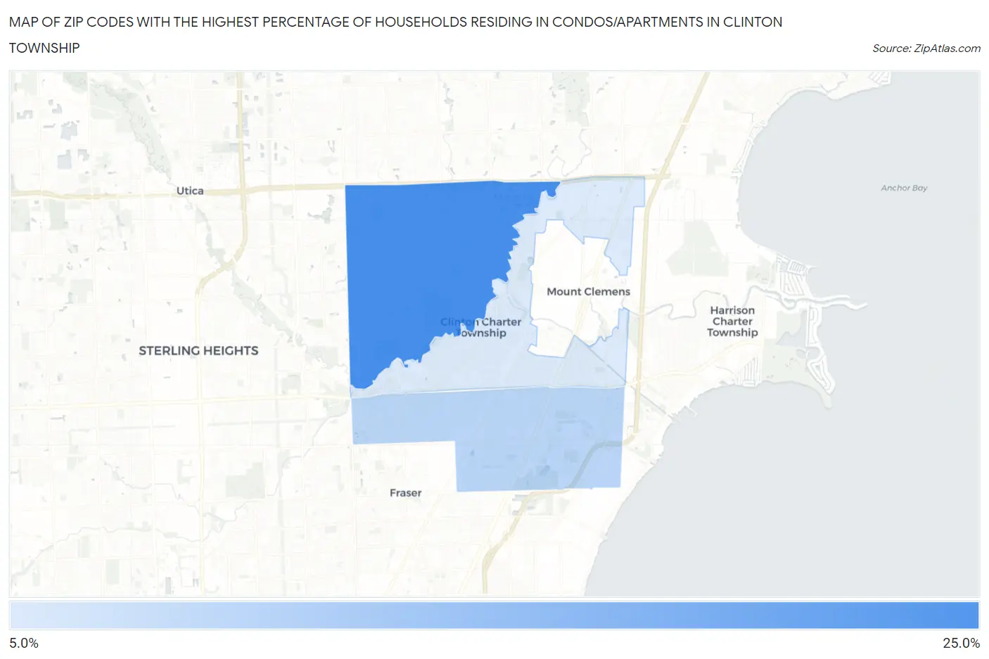 Zip Codes with the Highest Percentage of Households Residing in Condos/Apartments in Clinton Township Map