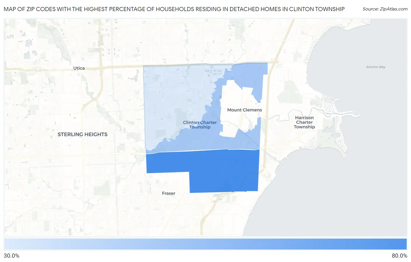 Zip Codes with the Highest Percentage of Households Residing in Detached Homes in Clinton Township Map