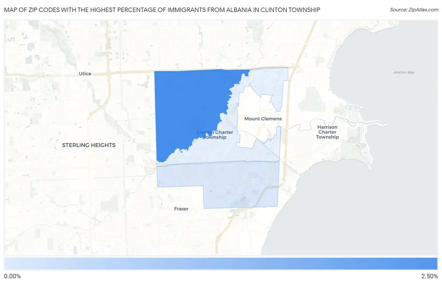Zip Codes with the Highest Percentage of Immigrants from Albania in Clinton Township Map