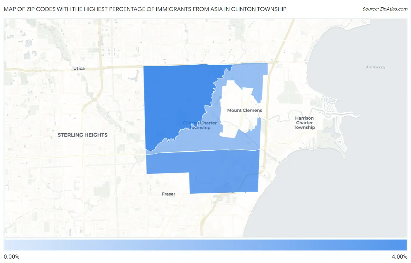 Zip Codes with the Highest Percentage of Immigrants from Asia in Clinton Township Map