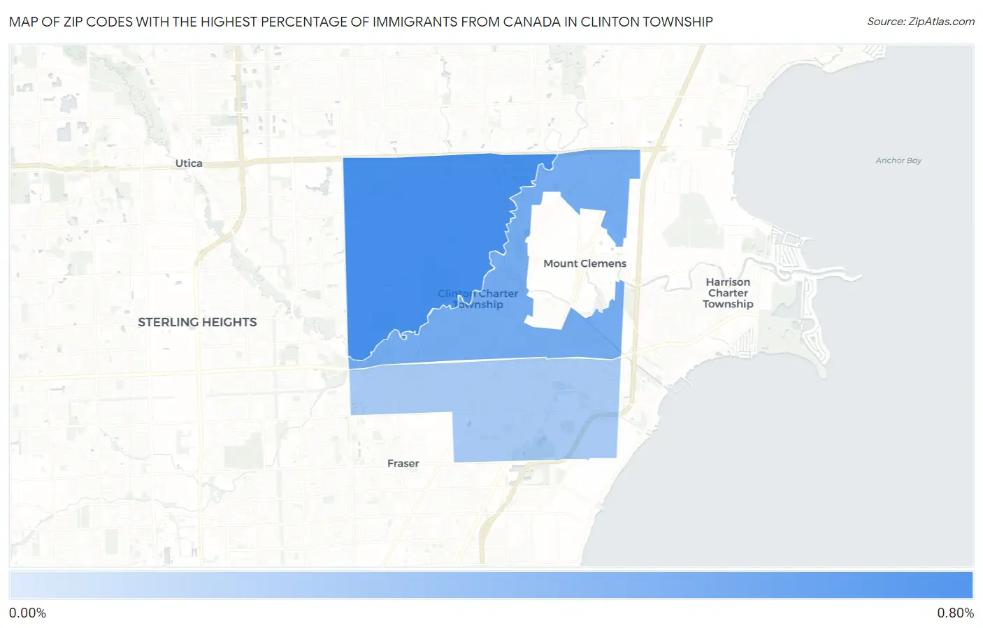 Zip Codes with the Highest Percentage of Immigrants from Canada in Clinton Township Map