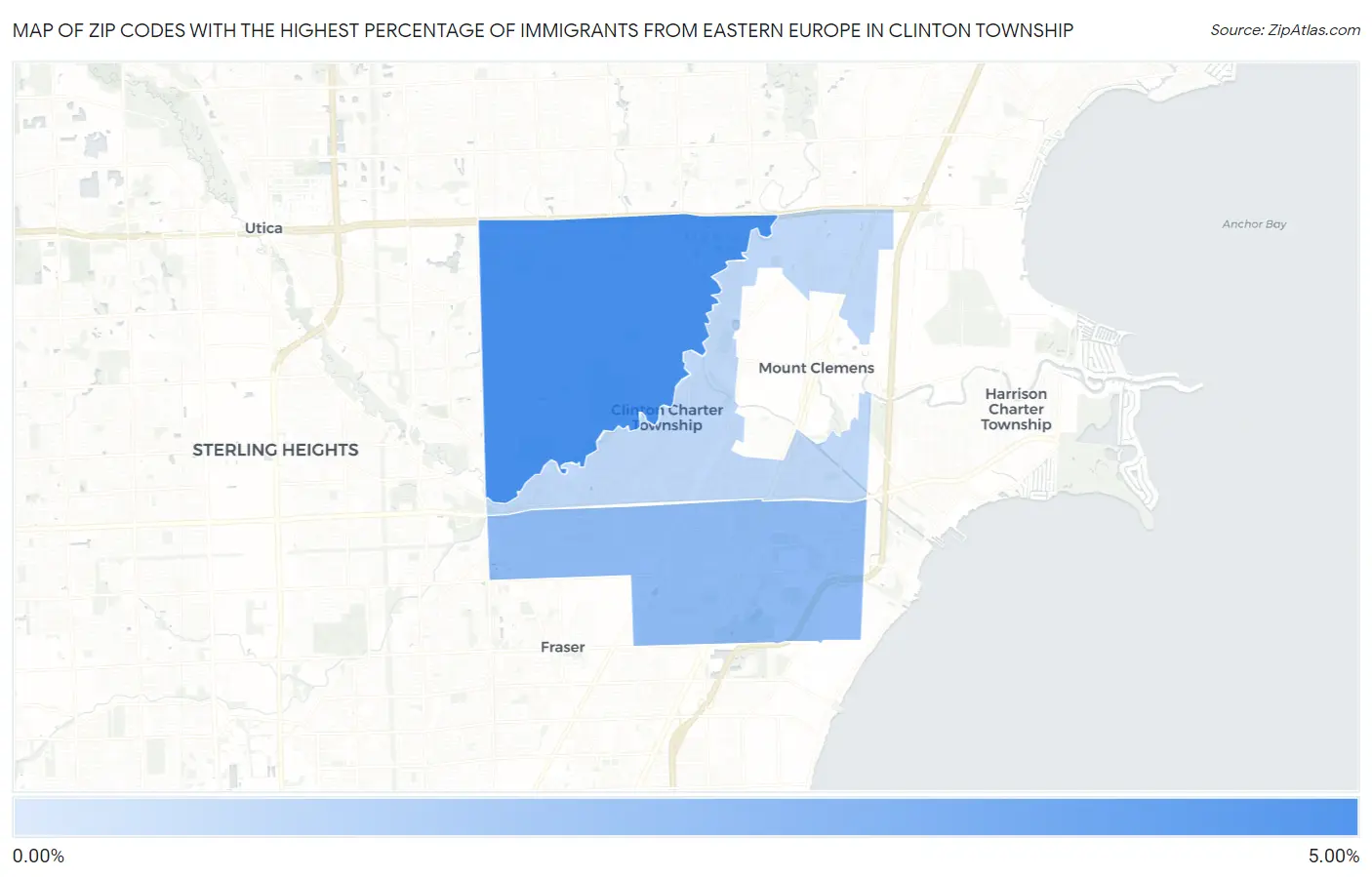 Zip Codes with the Highest Percentage of Immigrants from Eastern Europe in Clinton Township Map