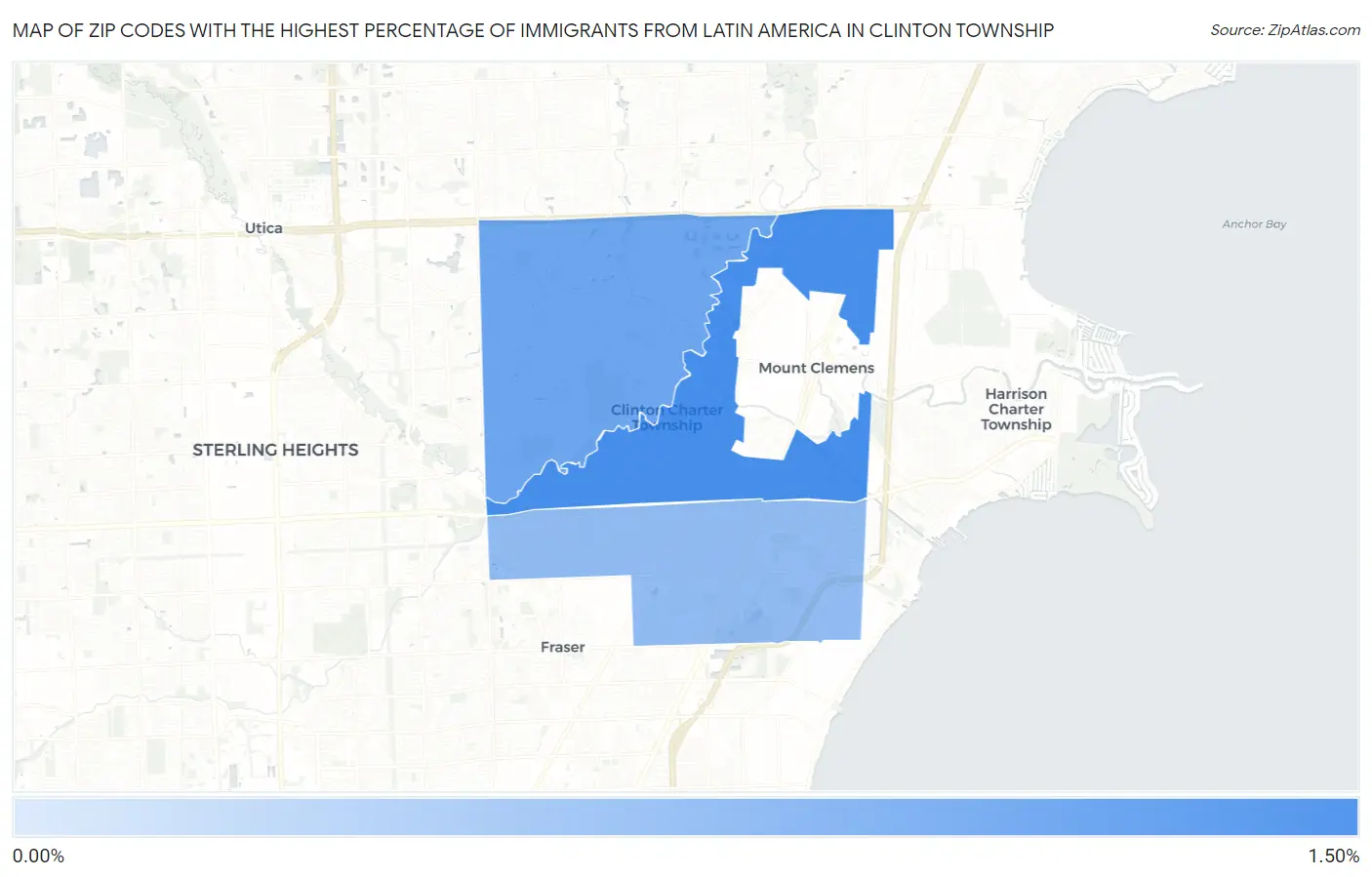 Zip Codes with the Highest Percentage of Immigrants from Latin America in Clinton Township Map