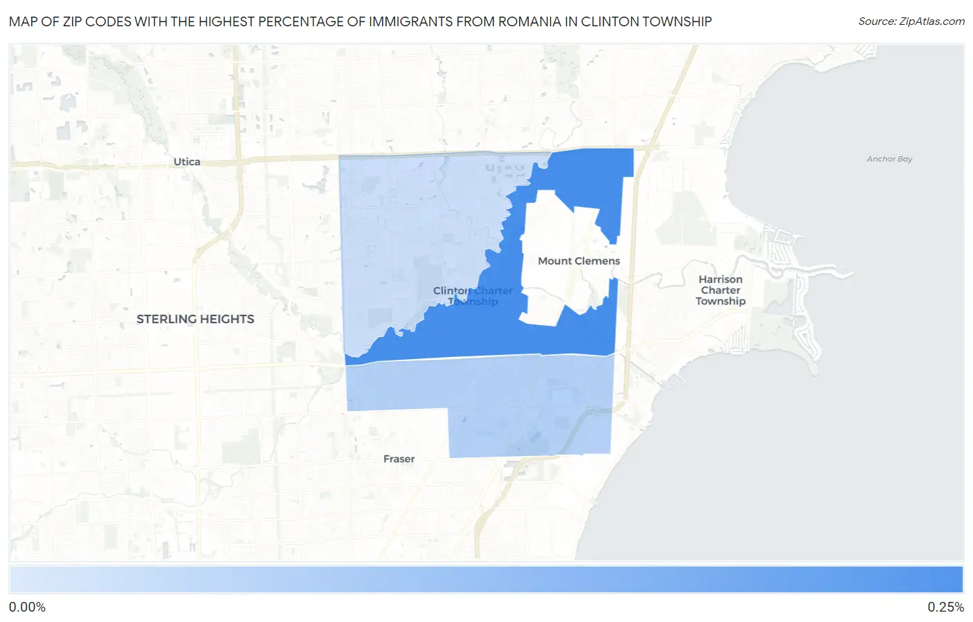 Zip Codes with the Highest Percentage of Immigrants from Romania in Clinton Township Map