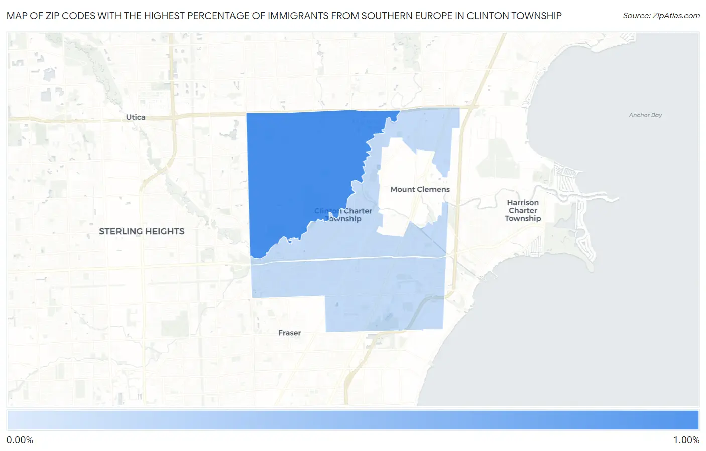 Zip Codes with the Highest Percentage of Immigrants from Southern Europe in Clinton Township Map