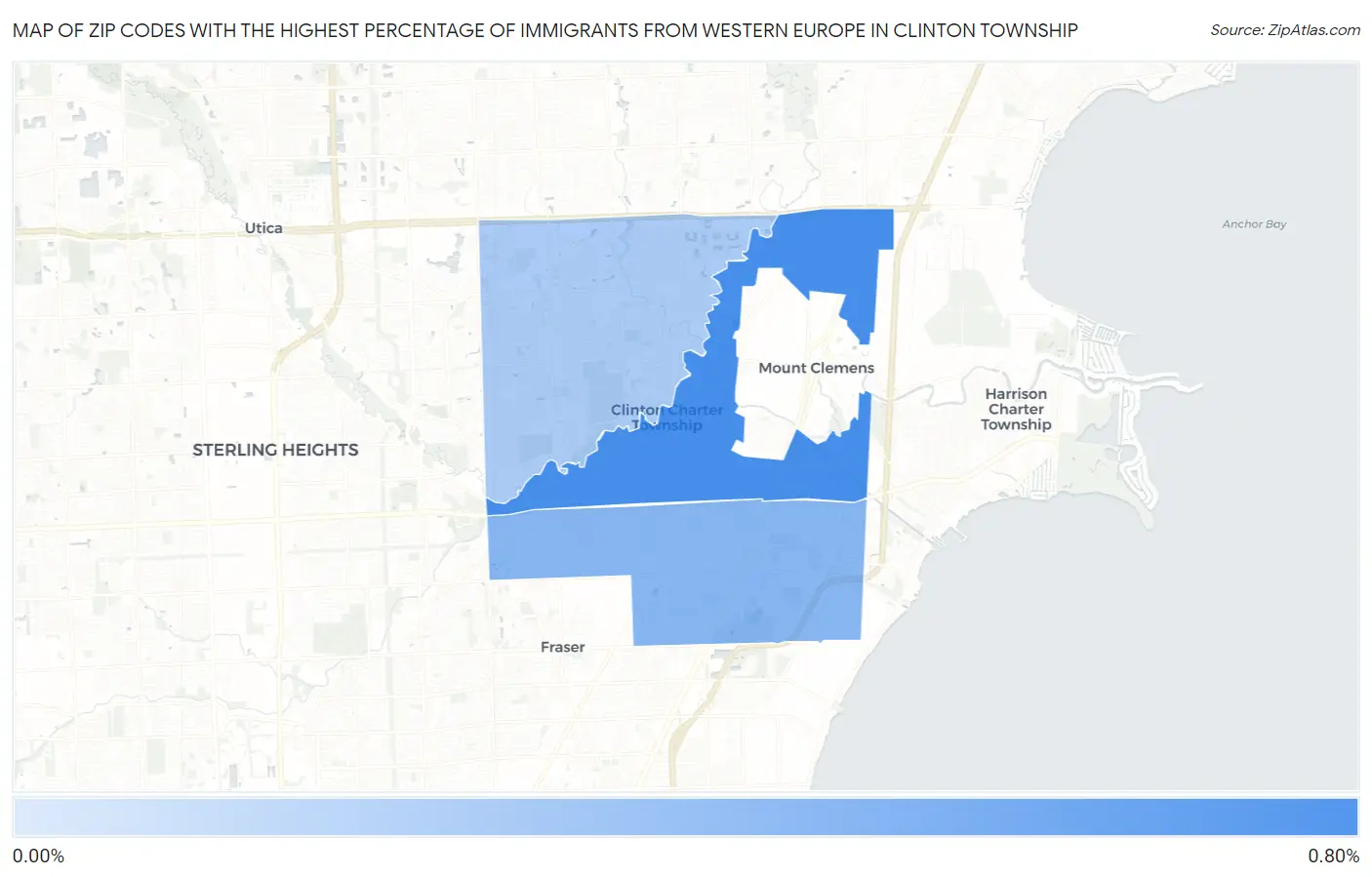 Zip Codes with the Highest Percentage of Immigrants from Western Europe in Clinton Township Map