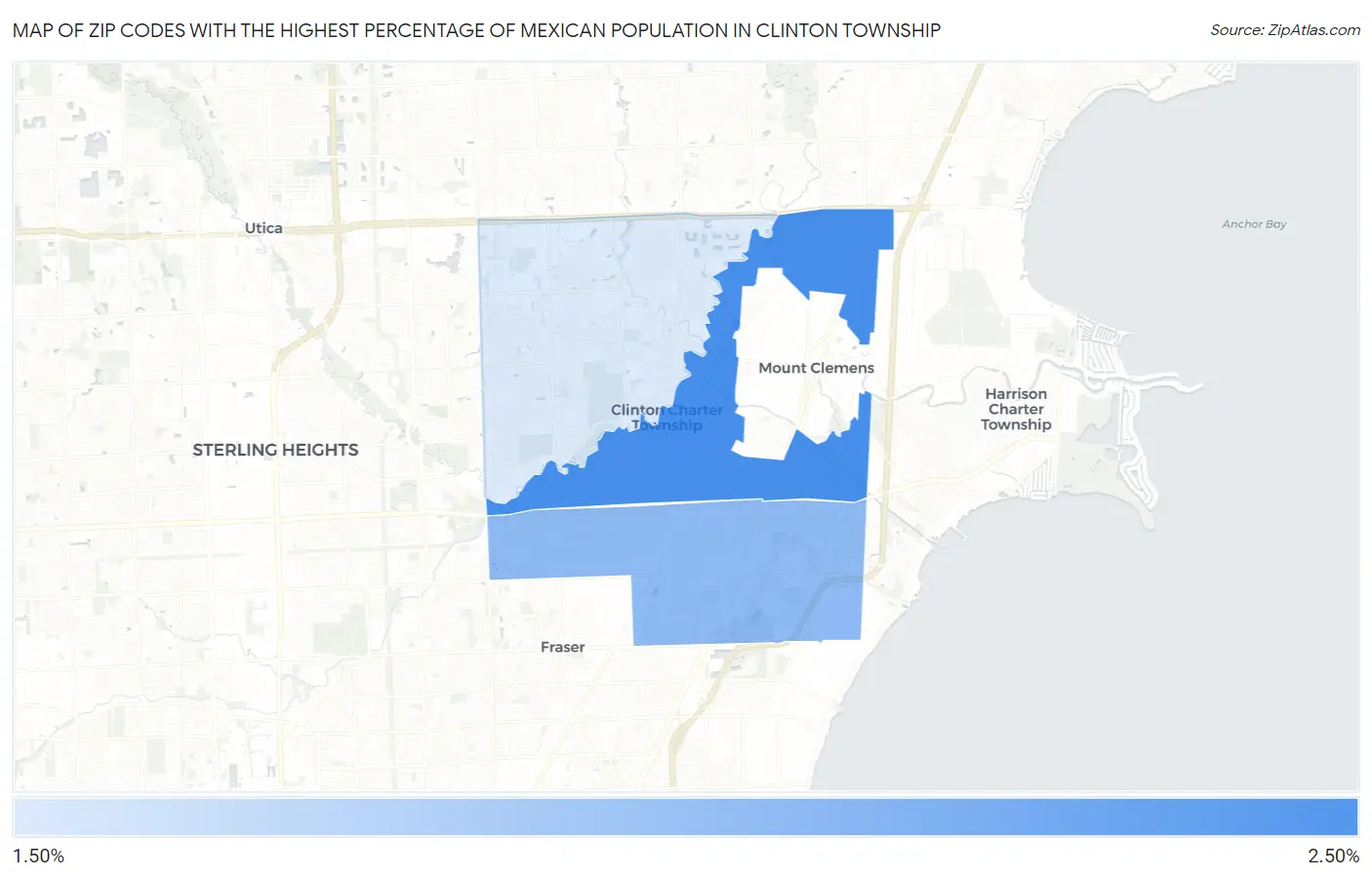 Zip Codes with the Highest Percentage of Mexican Population in Clinton Township Map