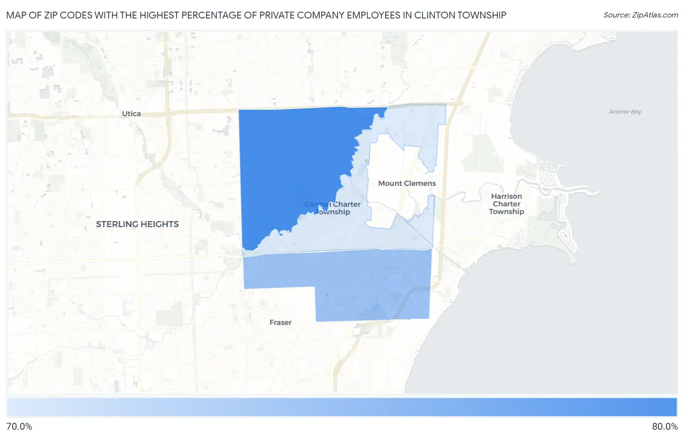 Zip Codes with the Highest Percentage of Private Company Employees in Clinton Township Map