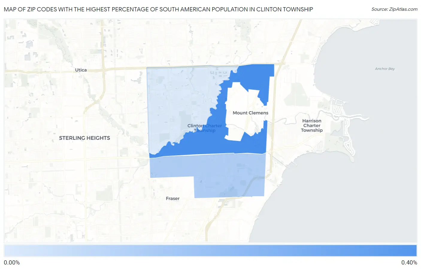 Zip Codes with the Highest Percentage of South American Population in Clinton Township Map