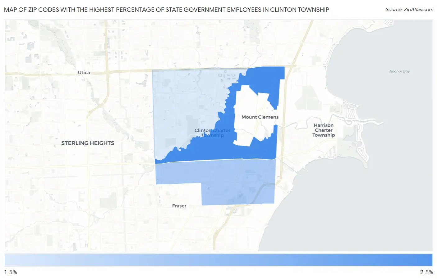 Zip Codes with the Highest Percentage of State Government Employees in Clinton Township Map