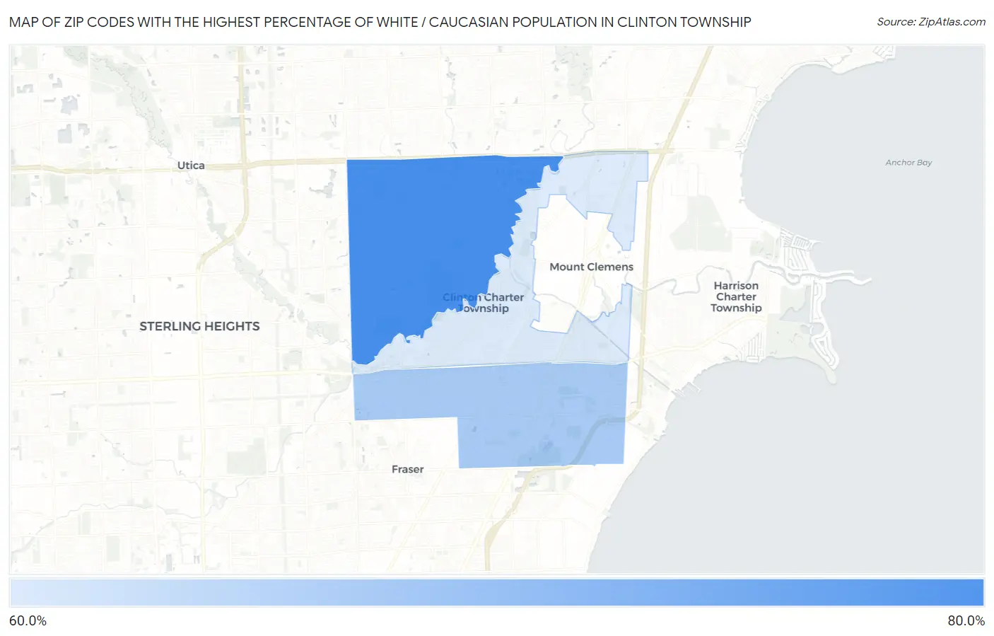 Zip Codes with the Highest Percentage of White / Caucasian Population in Clinton Township Map