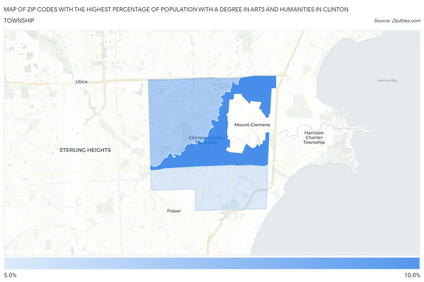 Zip Codes with the Highest Percentage of Population with a Degree in Arts and Humanities in Clinton Township Map