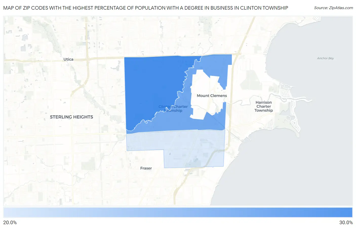 Zip Codes with the Highest Percentage of Population with a Degree in Business in Clinton Township Map