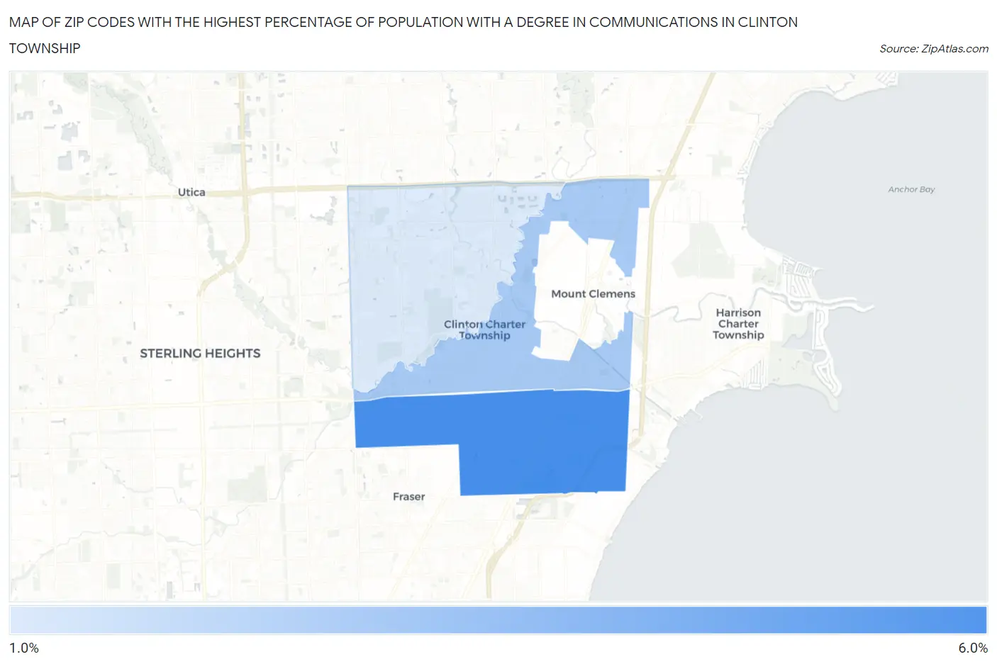 Zip Codes with the Highest Percentage of Population with a Degree in Communications in Clinton Township Map