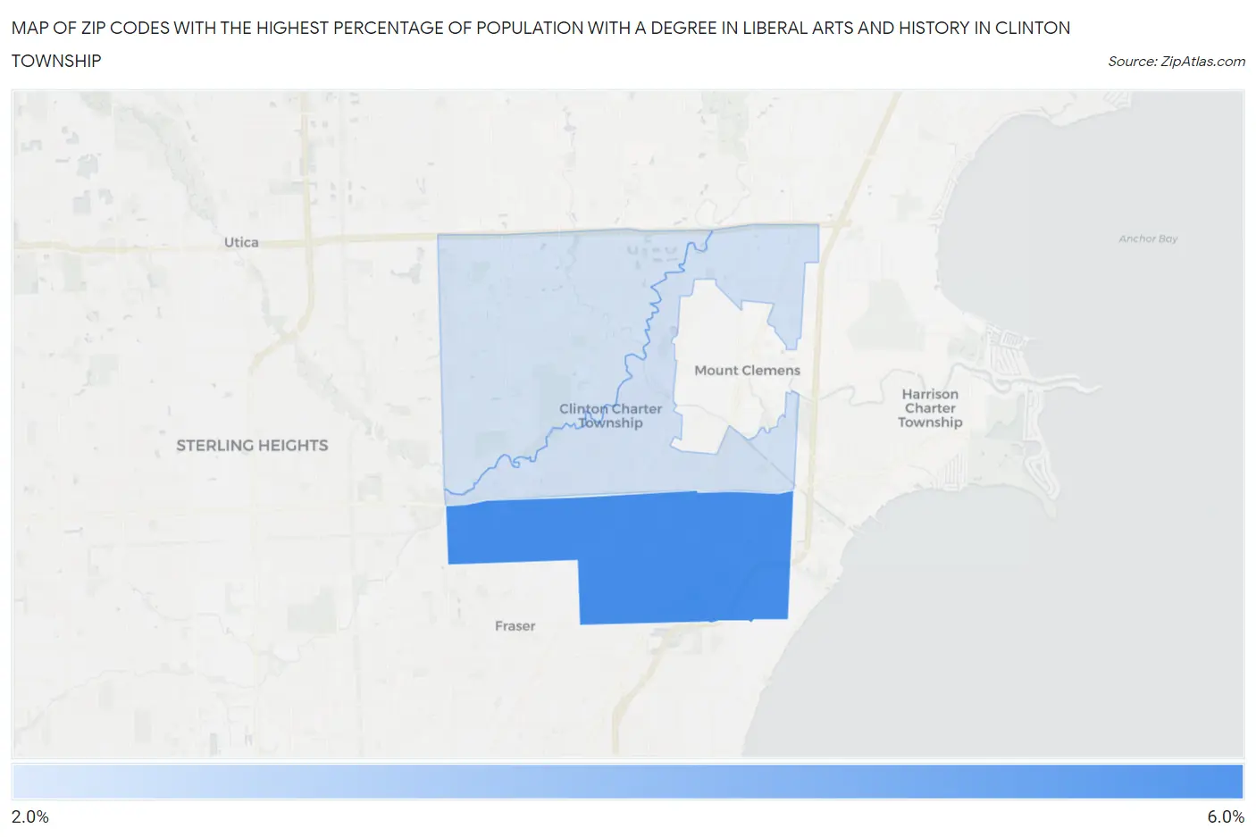 Zip Codes with the Highest Percentage of Population with a Degree in Liberal Arts and History in Clinton Township Map