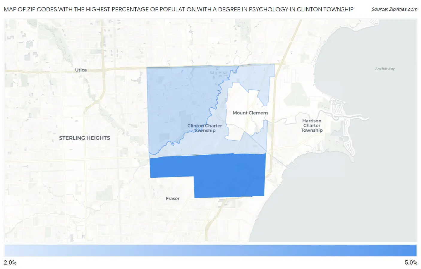 Zip Codes with the Highest Percentage of Population with a Degree in Psychology in Clinton Township Map
