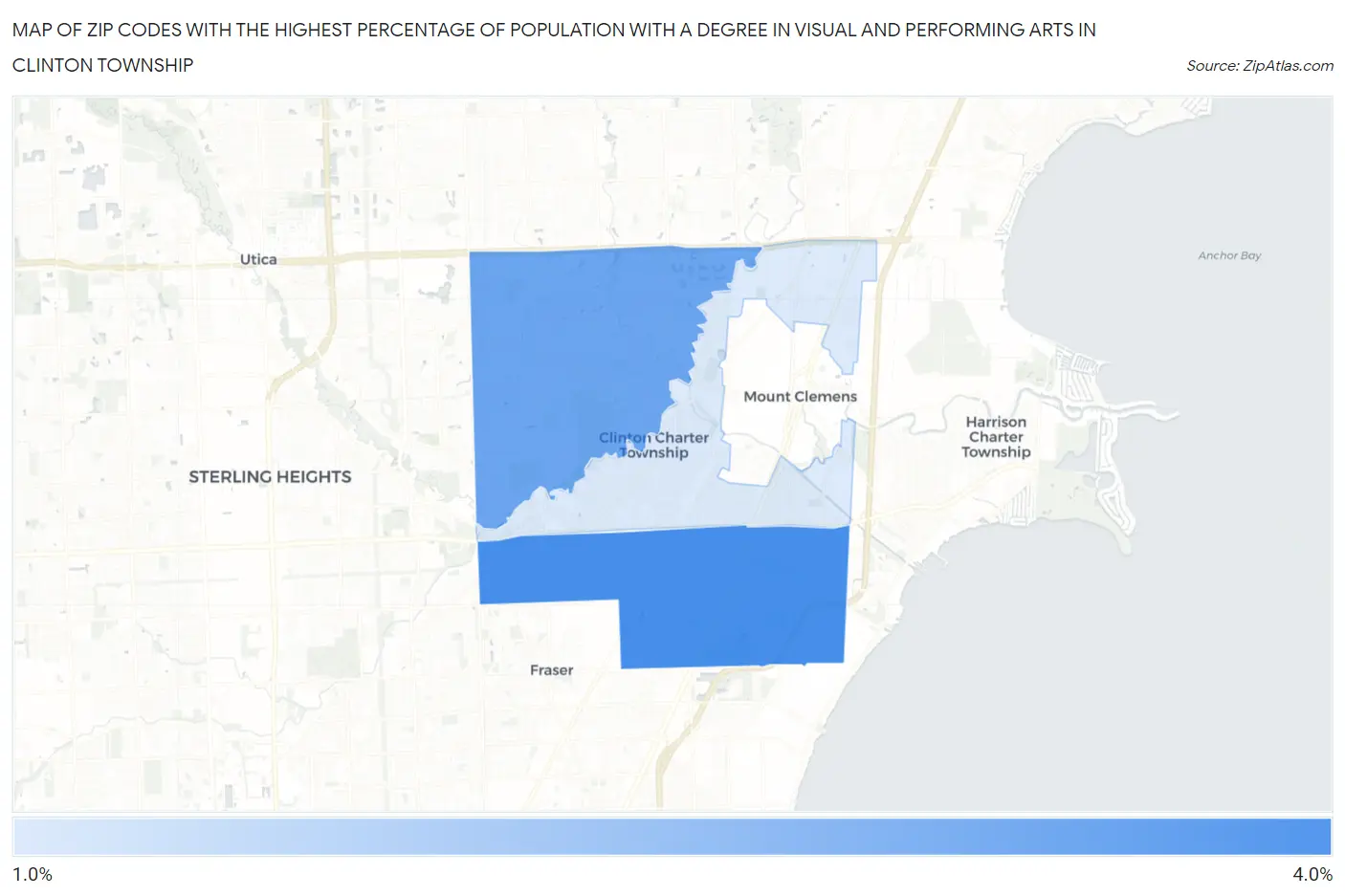 Zip Codes with the Highest Percentage of Population with a Degree in Visual and Performing Arts in Clinton Township Map