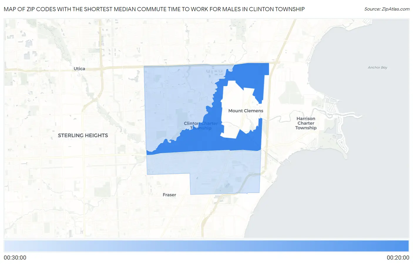 Zip Codes with the Shortest Median Commute Time to Work for Males in Clinton Township Map