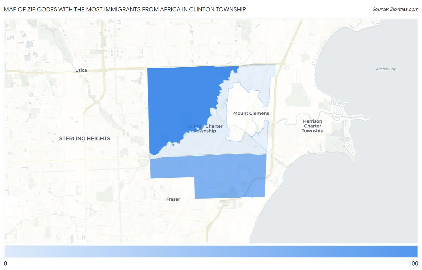Zip Codes with the Most Immigrants from Africa in Clinton Township Map