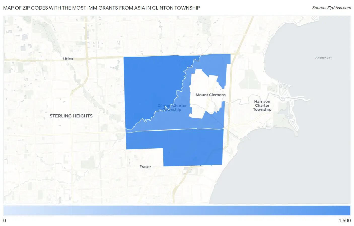 Zip Codes with the Most Immigrants from Asia in Clinton Township Map