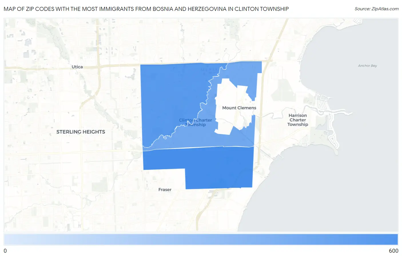 Zip Codes with the Most Immigrants from Bosnia and Herzegovina in Clinton Township Map