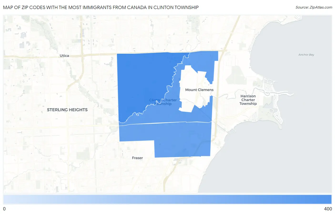 Zip Codes with the Most Immigrants from Canada in Clinton Township Map