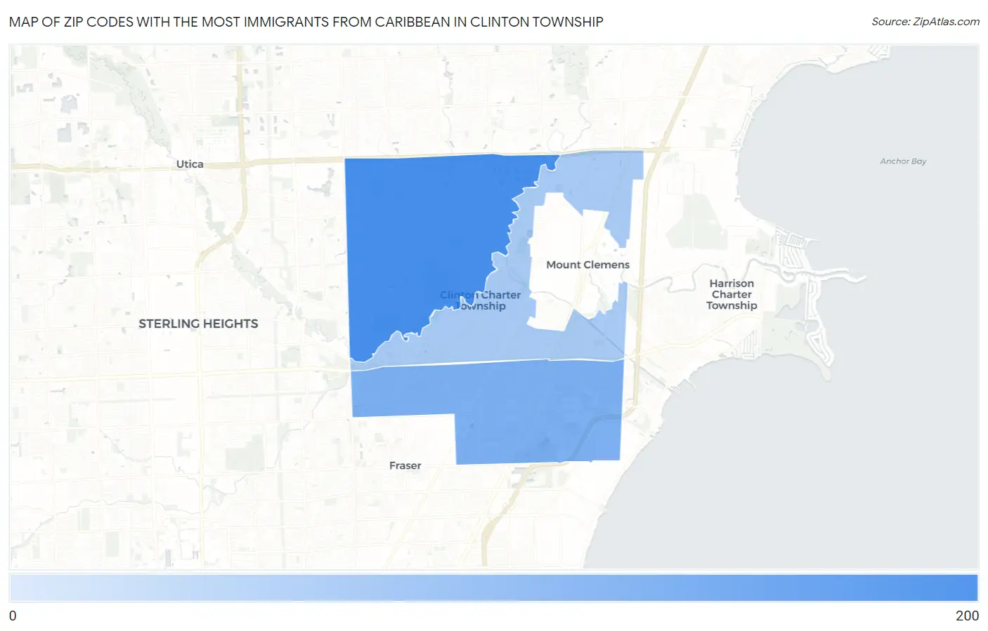 Zip Codes with the Most Immigrants from Caribbean in Clinton Township Map