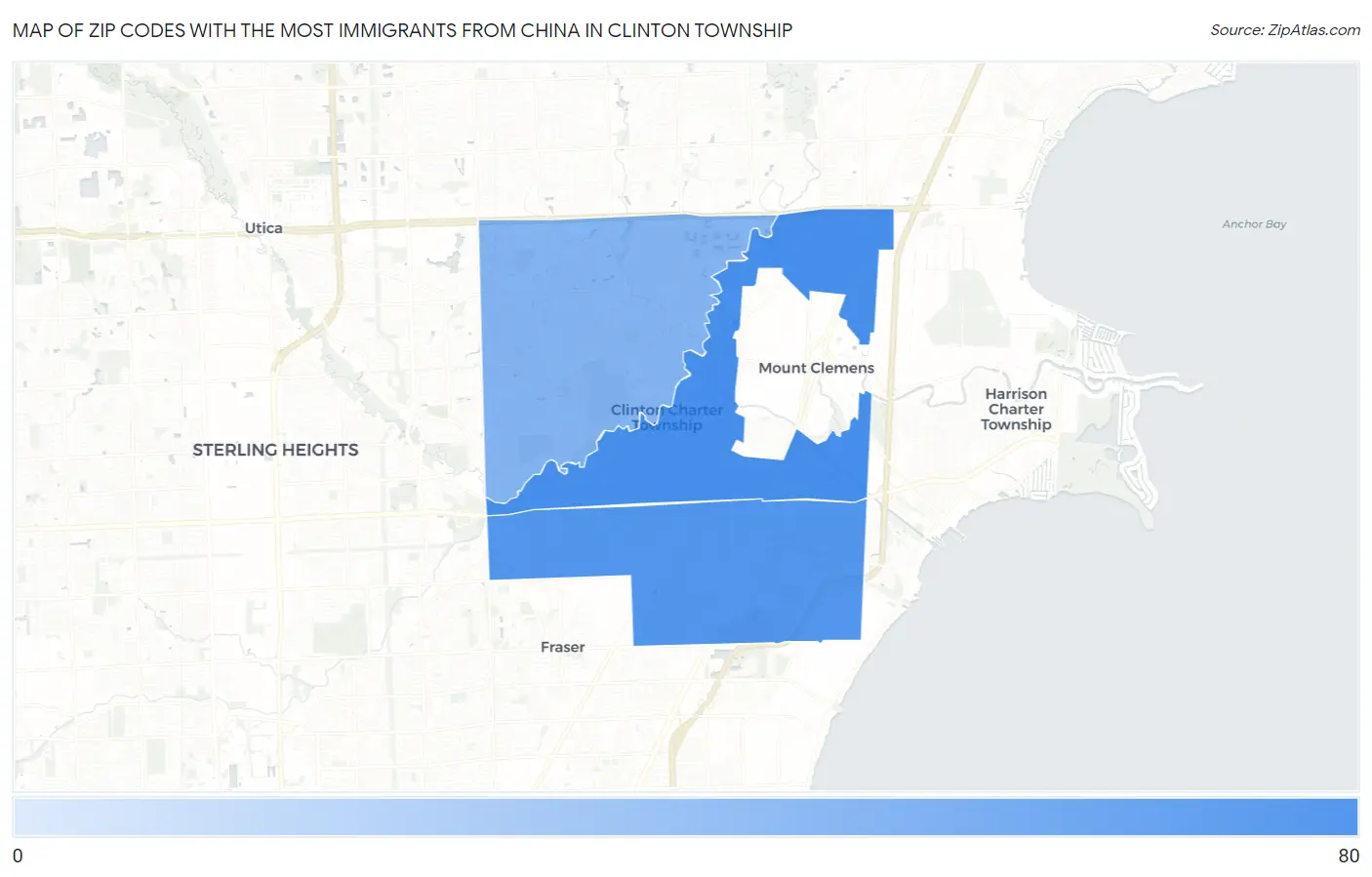 Zip Codes with the Most Immigrants from China in Clinton Township Map