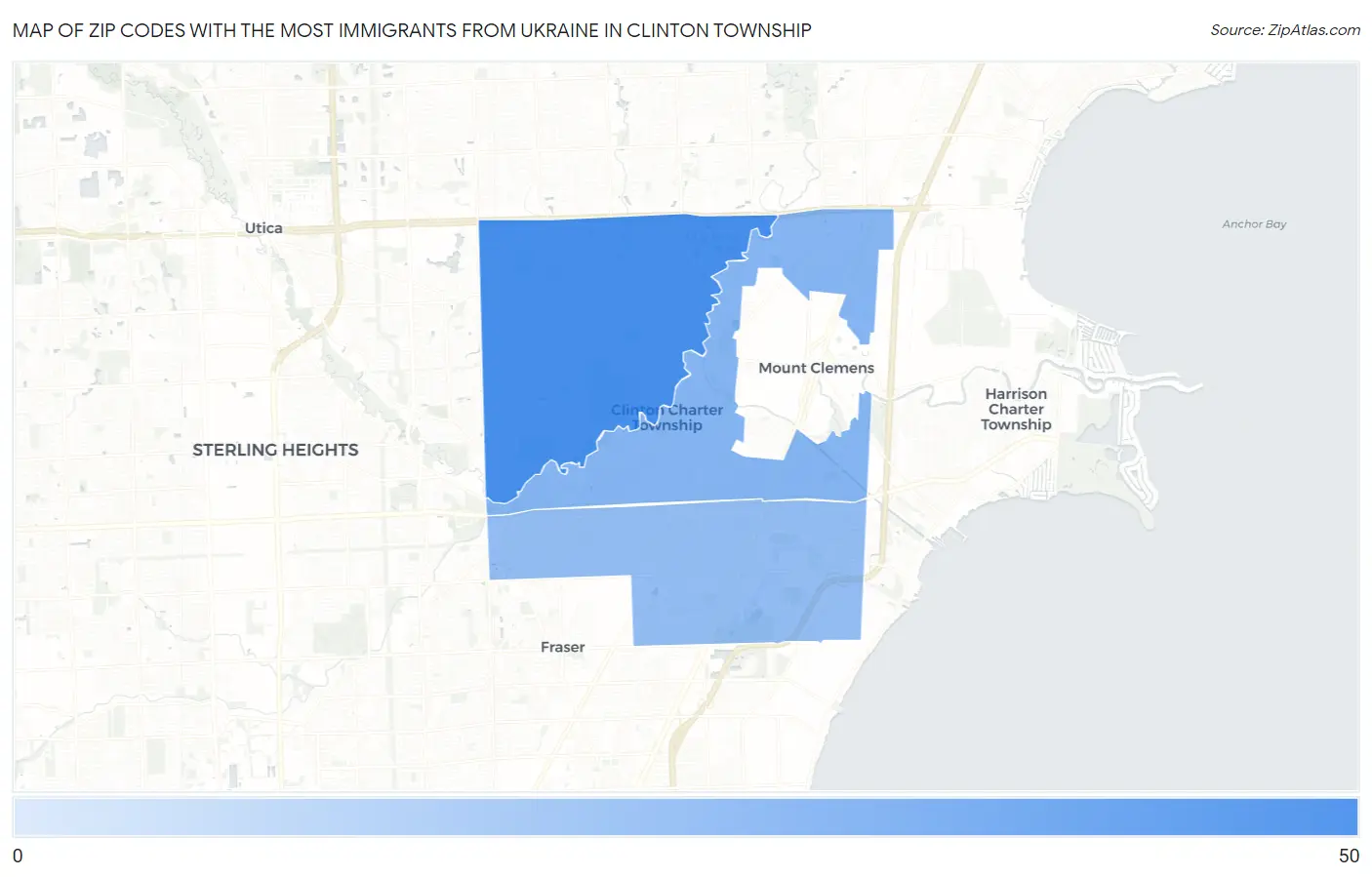 Zip Codes with the Most Immigrants from Ukraine in Clinton Township Map