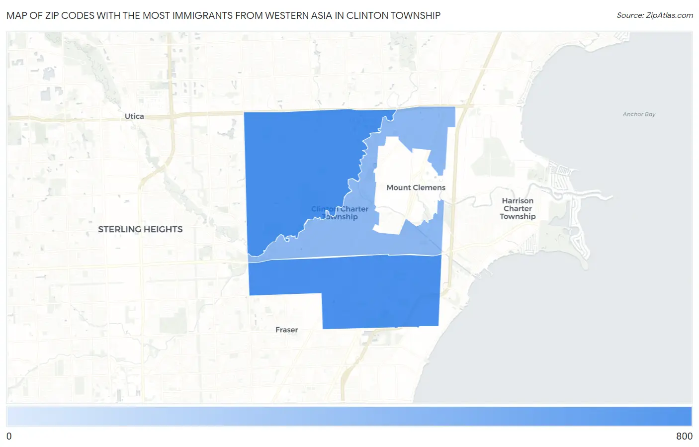 Zip Codes with the Most Immigrants from Western Asia in Clinton Township Map