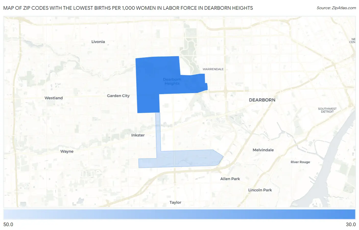 Zip Codes with the Lowest Births per 1,000 Women in Labor Force in Dearborn Heights Map