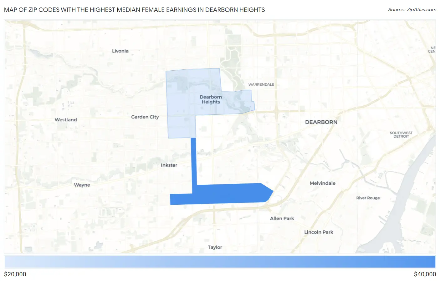 Zip Codes with the Highest Median Female Earnings in Dearborn Heights Map