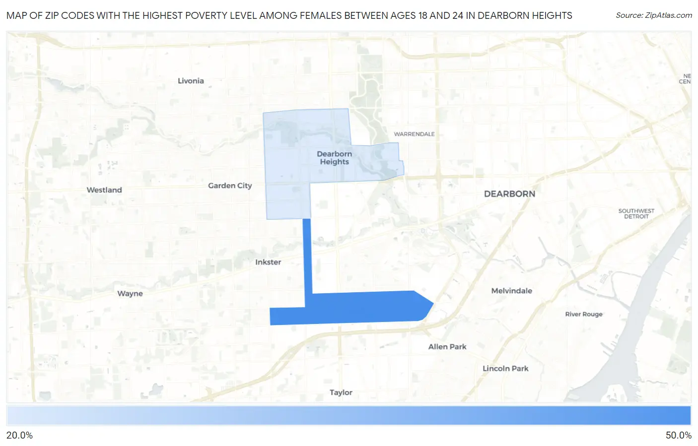 Zip Codes with the Highest Poverty Level Among Females Between Ages 18 and 24 in Dearborn Heights Map