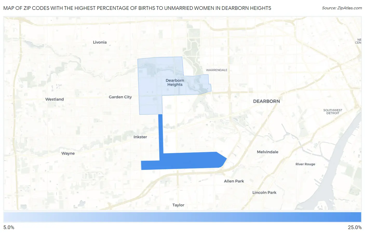 Zip Codes with the Highest Percentage of Births to Unmarried Women in Dearborn Heights Map