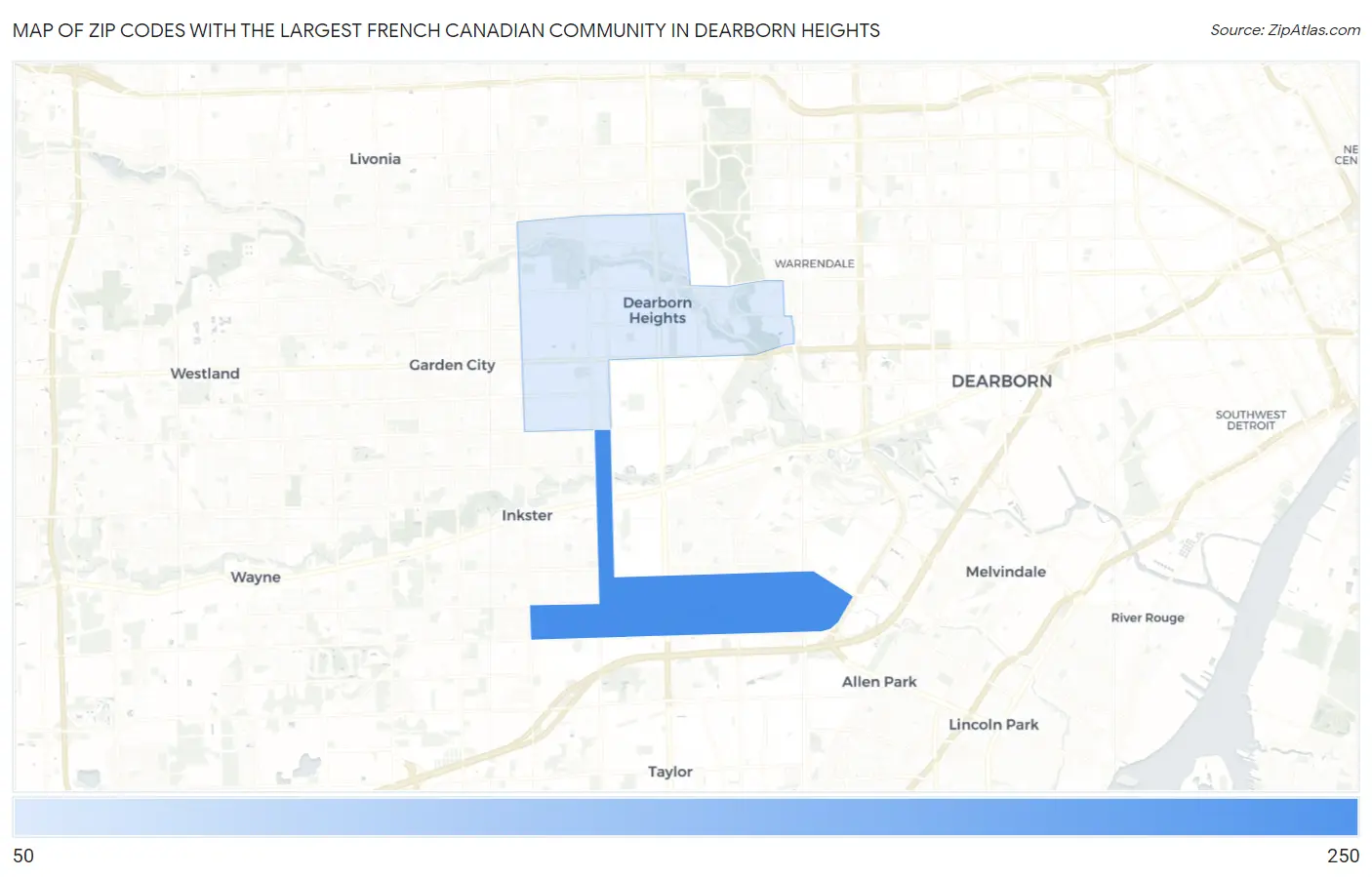 Zip Codes with the Largest French Canadian Community in Dearborn Heights Map