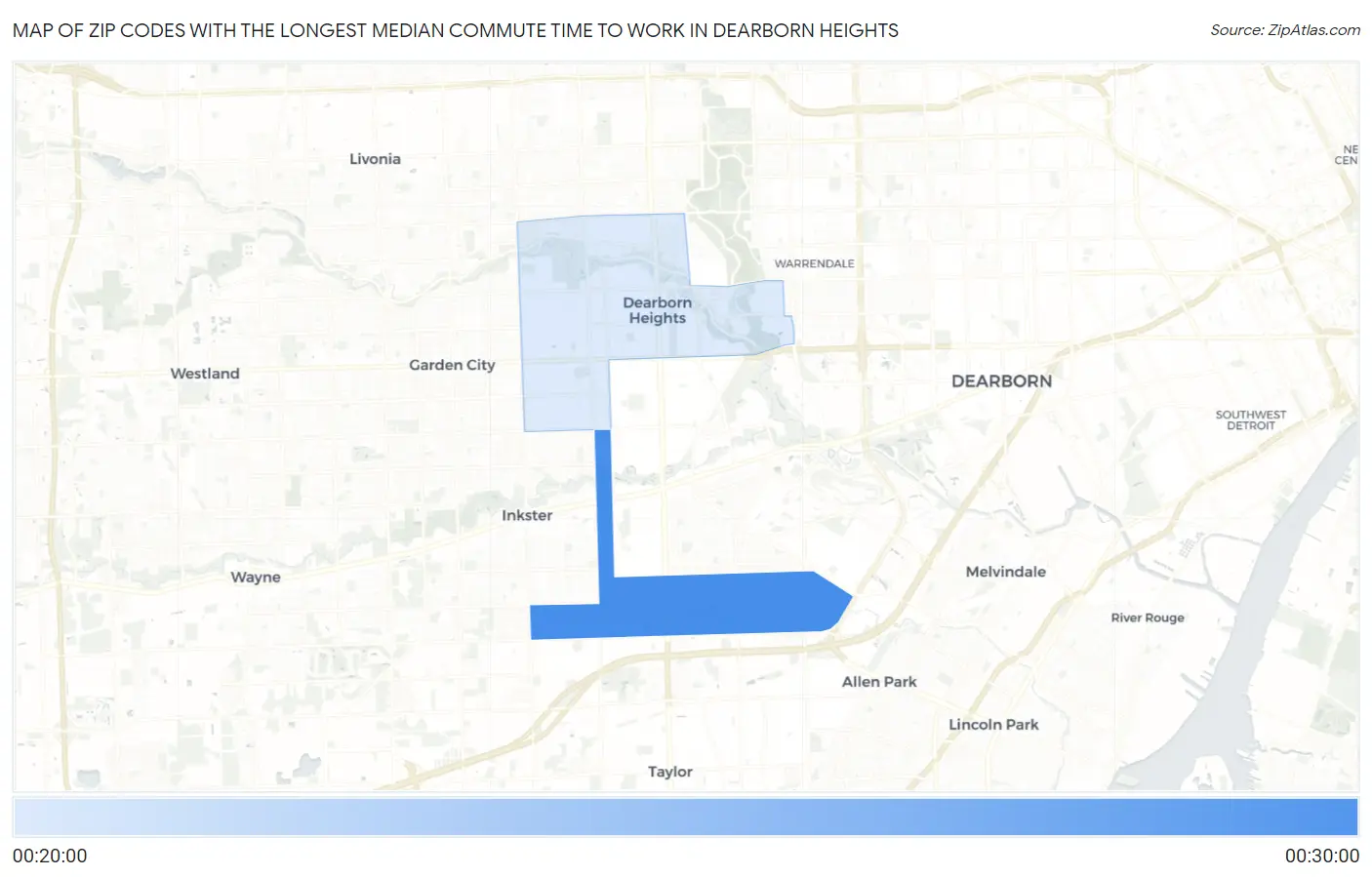 Zip Codes with the Longest Median Commute Time to Work in Dearborn Heights Map