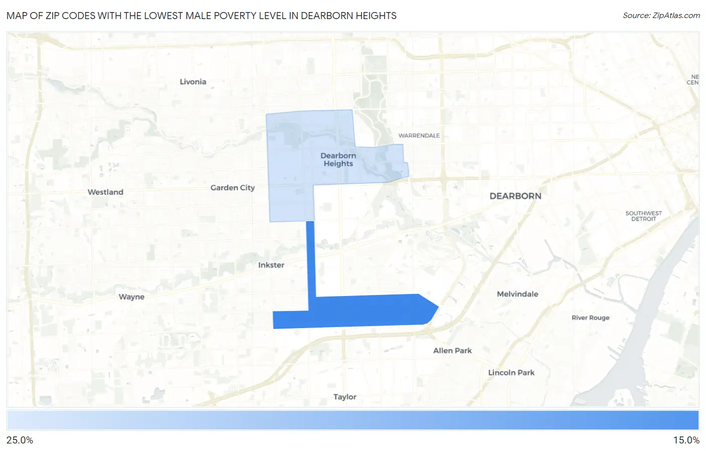 Zip Codes with the Lowest Male Poverty Level in Dearborn Heights Map