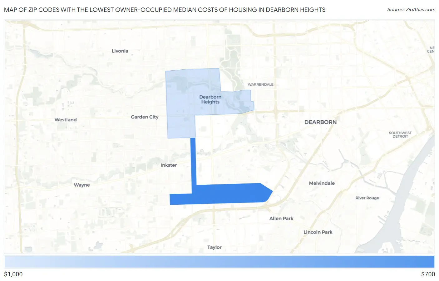 Zip Codes with the Lowest Owner-Occupied Median Costs of Housing in Dearborn Heights Map