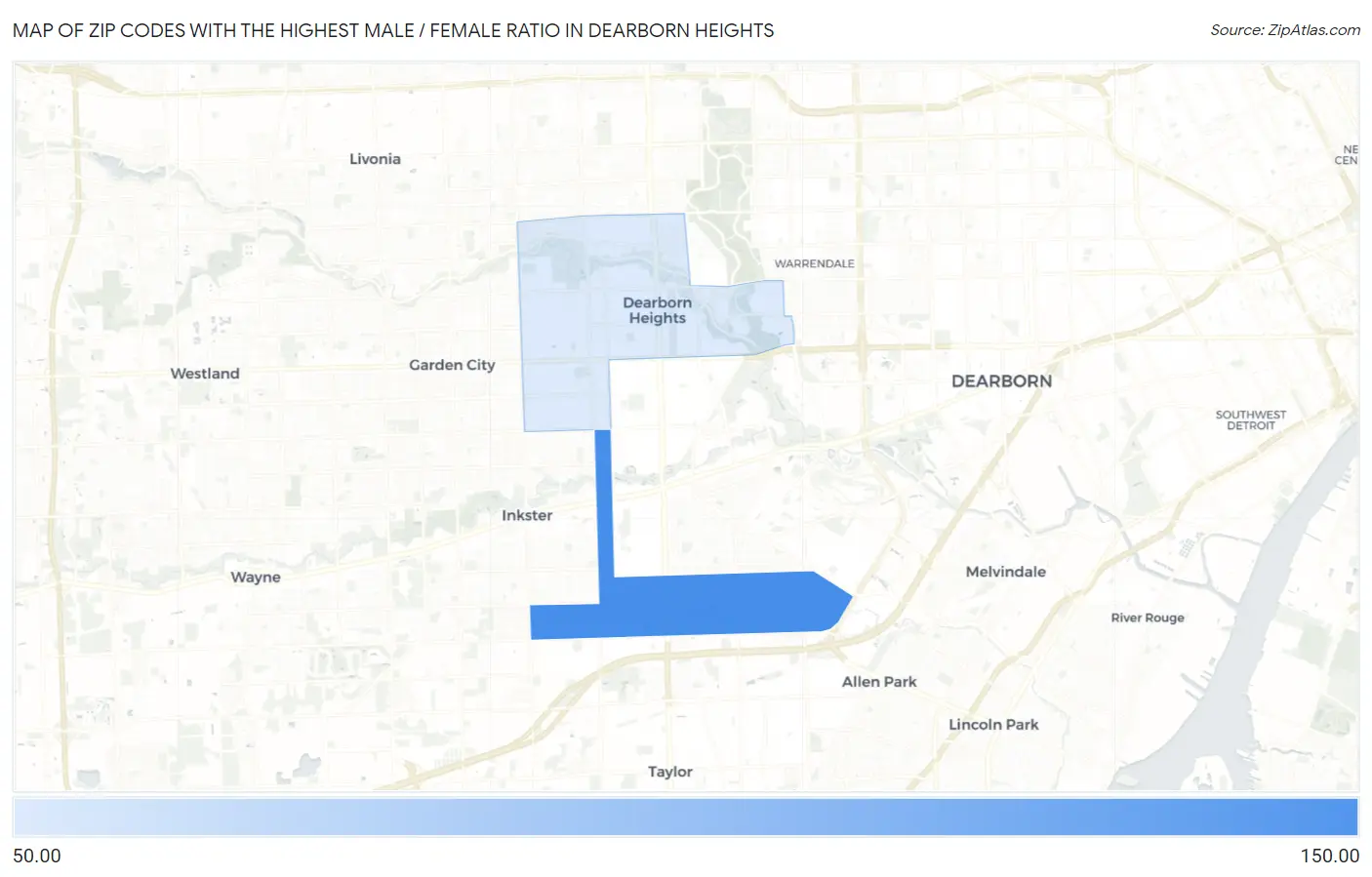 Zip Codes with the Highest Male / Female Ratio in Dearborn Heights Map