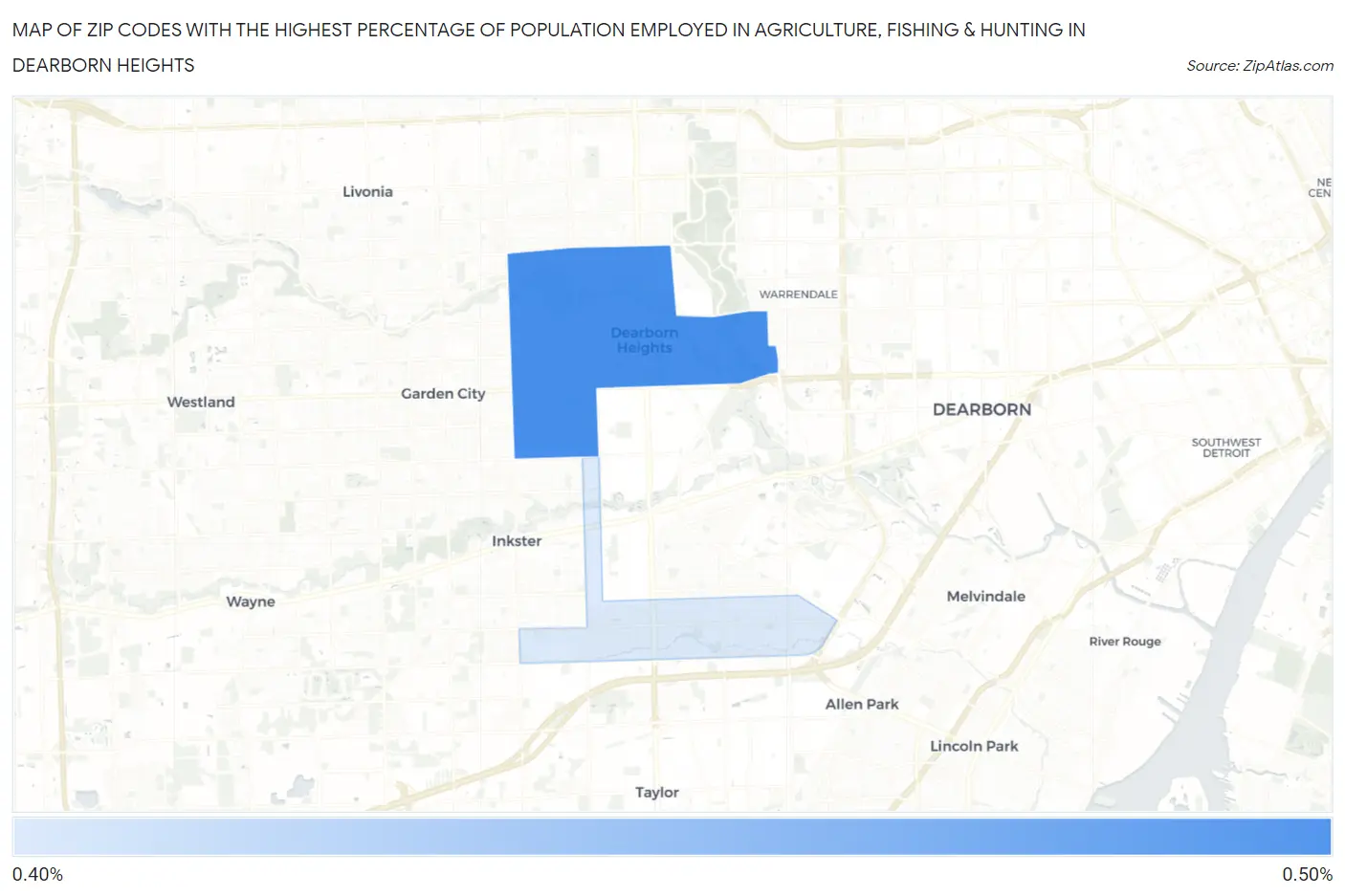 Zip Codes with the Highest Percentage of Population Employed in Agriculture, Fishing & Hunting in Dearborn Heights Map