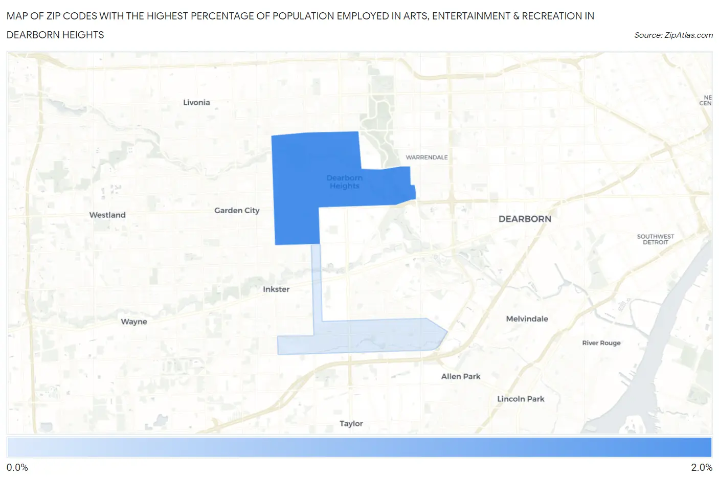 Zip Codes with the Highest Percentage of Population Employed in Arts, Entertainment & Recreation in Dearborn Heights Map