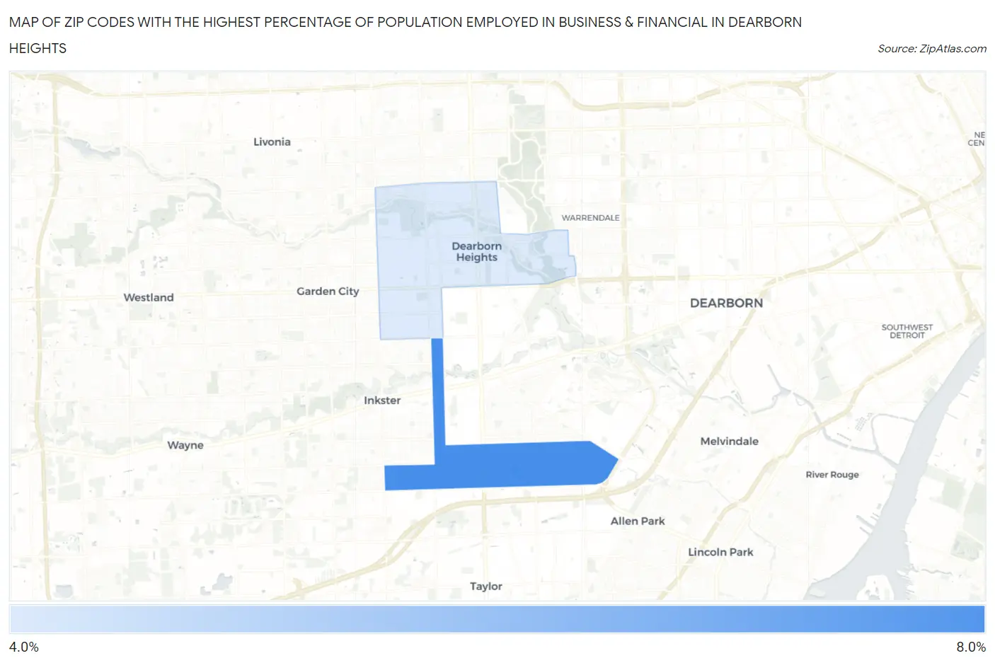 Zip Codes with the Highest Percentage of Population Employed in Business & Financial in Dearborn Heights Map