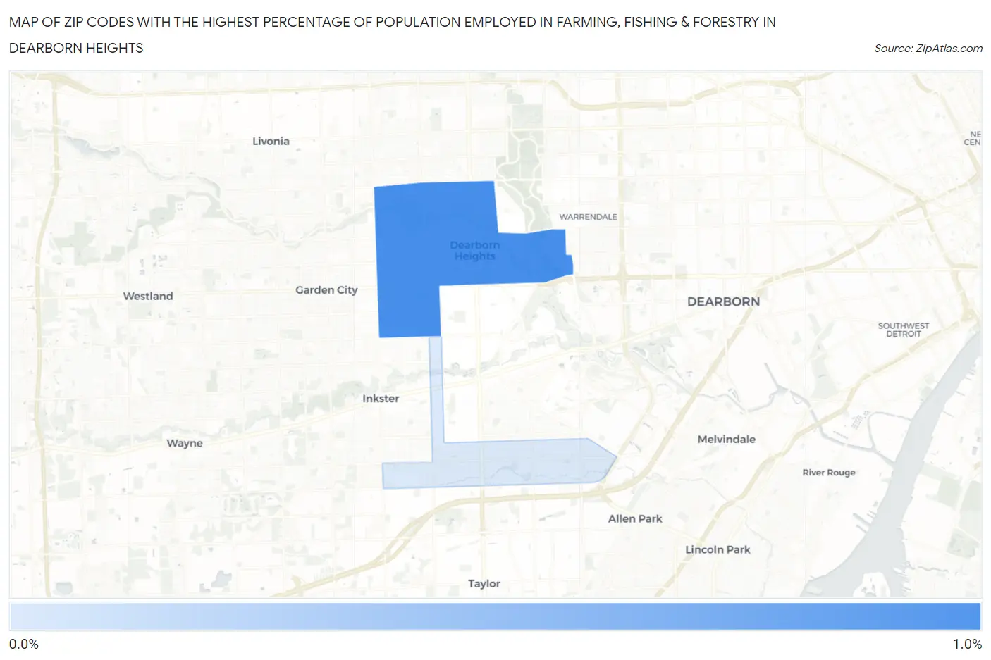 Zip Codes with the Highest Percentage of Population Employed in Farming, Fishing & Forestry in Dearborn Heights Map