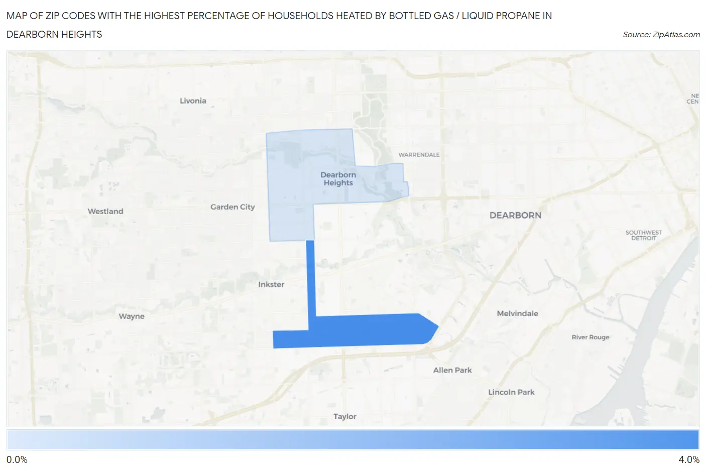 Zip Codes with the Highest Percentage of Households Heated by Bottled Gas / Liquid Propane in Dearborn Heights Map